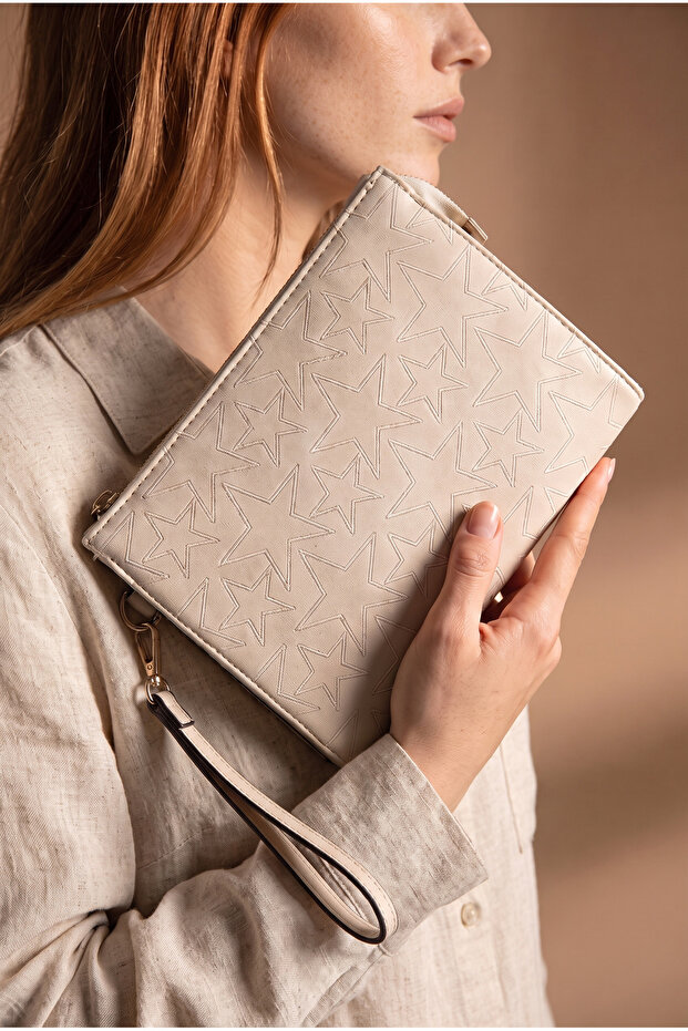 Sasha Faux Leather Star Patterned Clutch Women's Portfolio Handbag