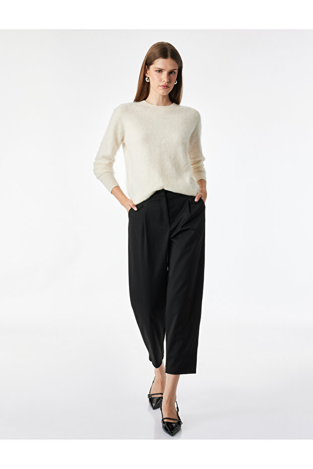 High-Waisted Viscose Blend Straight-Leg Cigarette Pants with Pockets and Belt
