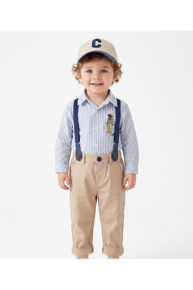 Hat, Suspender Belt, Teddy Bear Printed Shirt, Lycra Gabardine, Elastic Waist Pants, 4-Piece Baby Boy Set