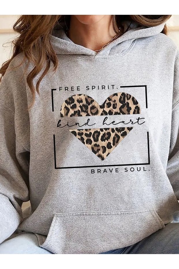 Women's Free Spirit Printed Hooded Gray Black Sweatshirt Oversize Loose