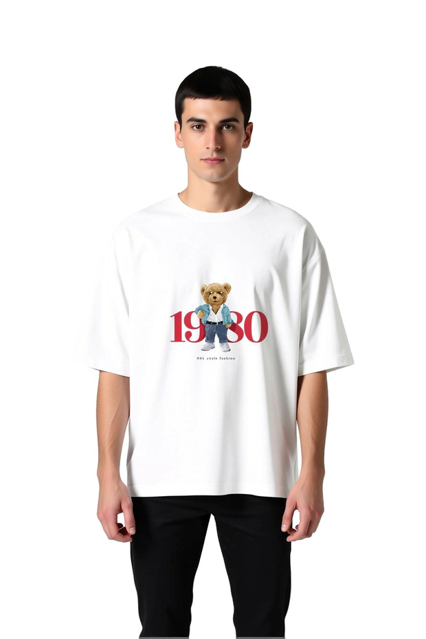 Men's Oversize T-Shirt 100% Cotton Retro Graphic Printed Bear Pattern Relaxed Fit Casual Wear Modern
