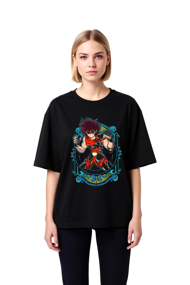 Women's Oversize Anime Character Printed T-Shirt Dynamic Warrior Design Relaxed Fit Casual Modern