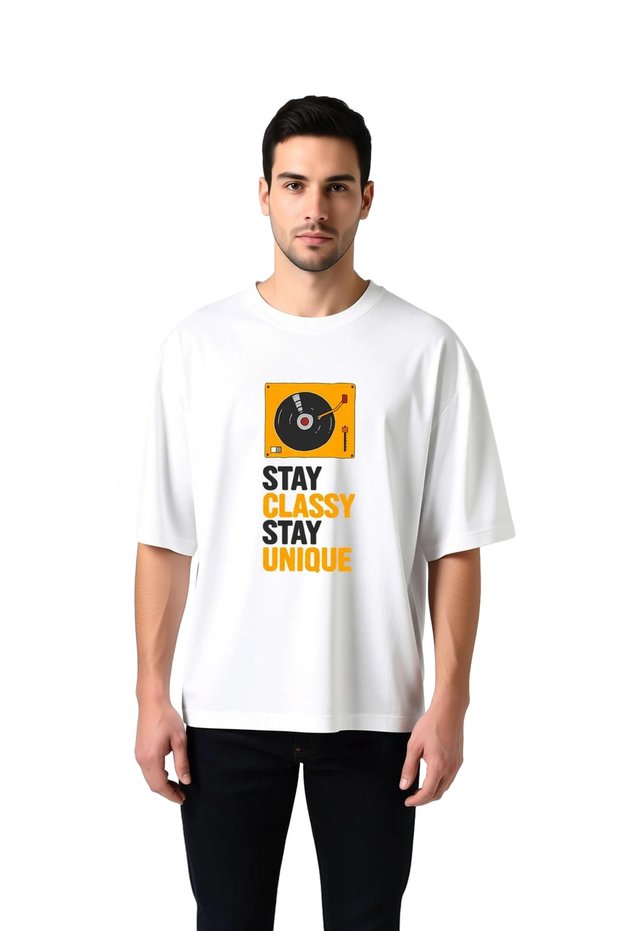 Men's Oversize T-Shirt Vintage Record Design Printed Relaxed Fit Casual Wear 100% Cotton Modern Stylish