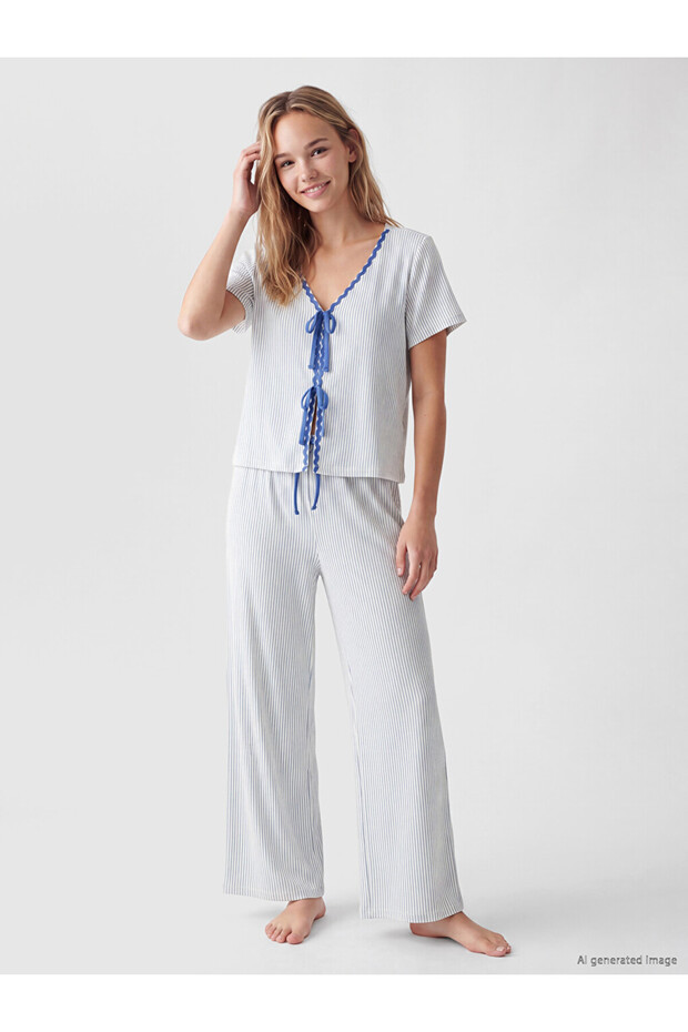 Ozmarka New Season Blue V-Neck Striped Women's Pajama Set
