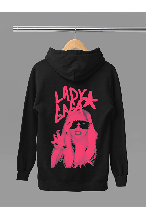 Lady Gaga Printed Cotton Long Sleeve Ribbed 3 Yarn Hooded Sweatshirt