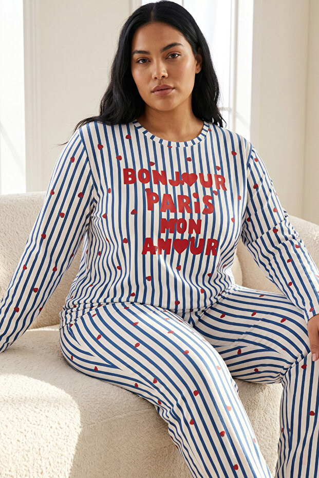 Striped Patterned Cotton Lycra Large Size Oversized Knitted Pajama Set26240938