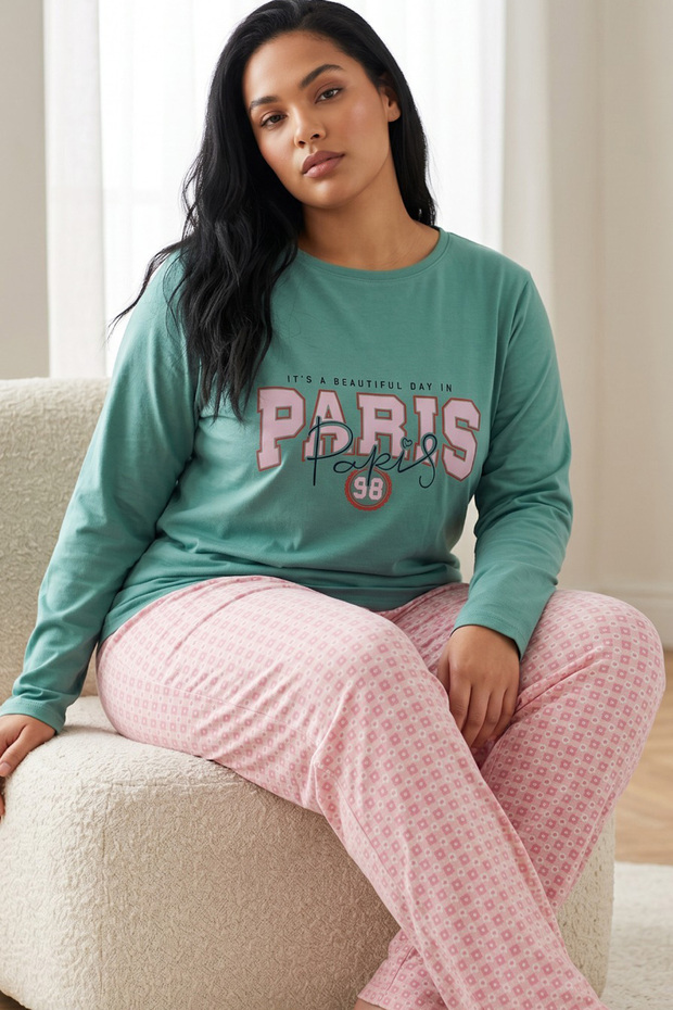 Green Patterned Cotton Lycra Large Size Oversized Knitted Pajama Set26240935