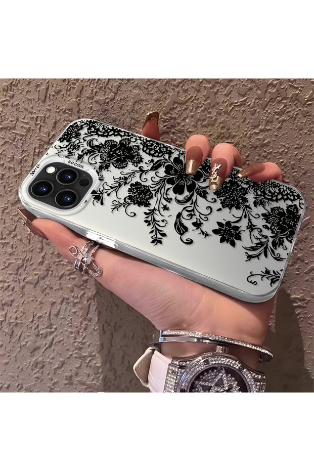 Elegant Black Lace Flower Pattern Case Compatible with iPhone 14 Pro, High Quality Matte Phone Case