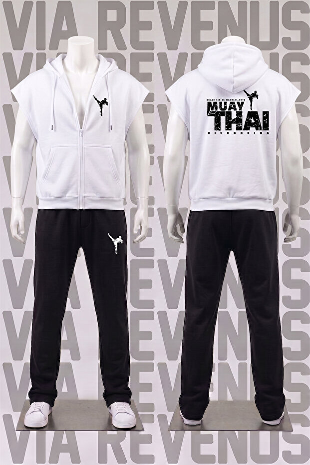 طقم بدلة رياضية بدون أكمام مطبوعة من الأمام والخلف من Muay Thai مع غطاء رأس بسحاب و3 خيوط منسوجة