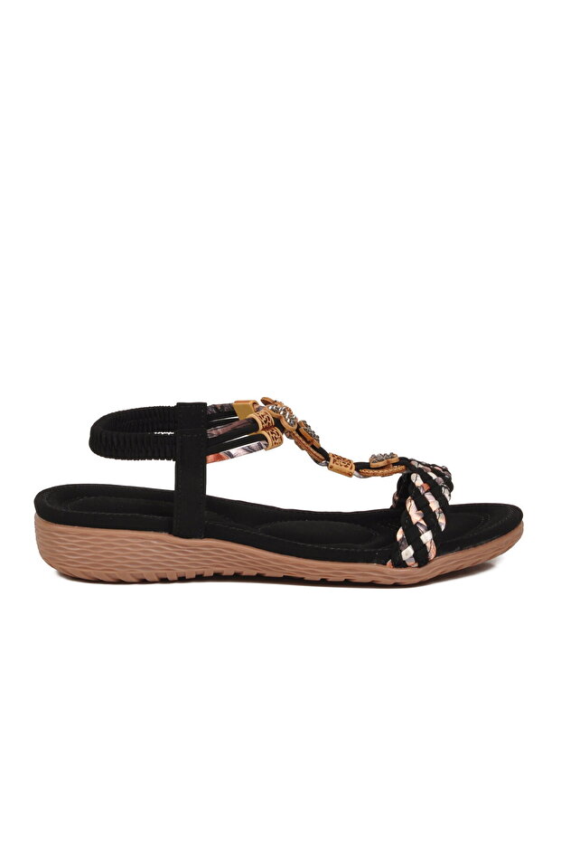 Women's Black Padded Sole Gold Detailed Ankle Strap Stylish Sandals B106 Z