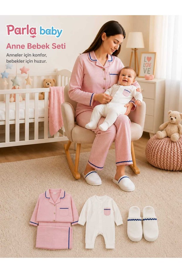 Newborn 4-Piece Mother-Baby Combination Pajama Set - Jumpsuit, Slippers, Mother's Bottom and Top Pajamas