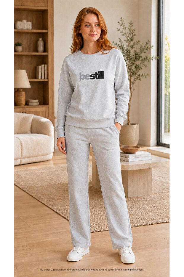 Women's Be Still Written Sweatshirt Set – Round Neck Printed Sweatshirt and Straight-Leg Bottoms 2-Piece Set
