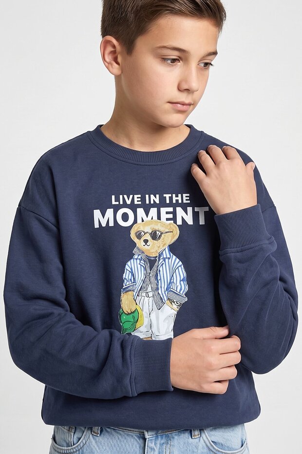 Boy's Teddy Bear Printed Crew Neck Sweatshirt