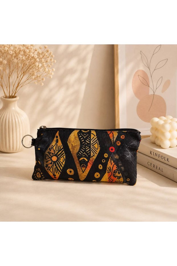 Black Orange Ethnic Leaf Patterned Zippered Makeup & Small Handbag 18X10 cm – Multi-Purpose