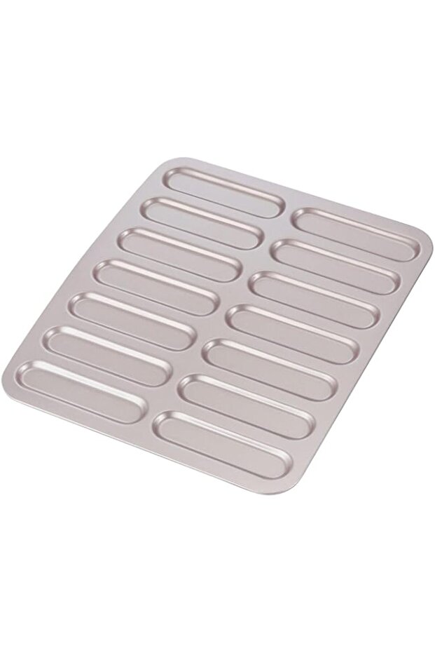 Eclair Cake Pan, 14-Cavity Non-Stick Finger Biscuit Mold, Mini Eclair Cookie Bakeware for Oven Baking, Rectangular Strip Pan for Baking, Light Gold