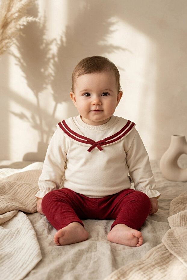 Nora Marine Sailor Collared Borda-Cream Baby Set - Soft Textured Cotton Black Top and Bottom Combination
