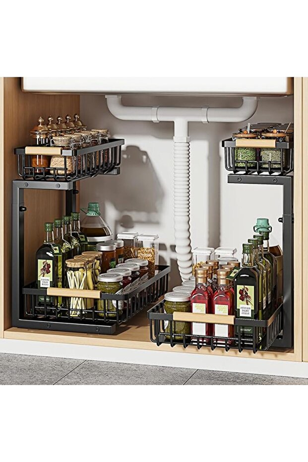 2 Tier Black Under Sink Organizer with Sliding Drawer,Height-Adjustable | Multi-Purpose and Durable