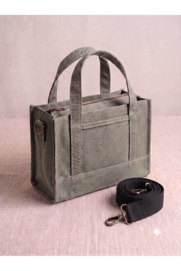 Gray Canvas Women's Hand and Shoulder Bag with Adjustable Strap Vintage 26X20X12 cm