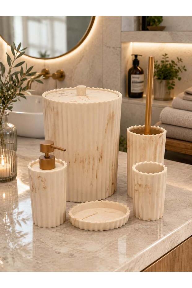 5 Piece Luxury Laduree Alessa Cream Gold Bathroom Set