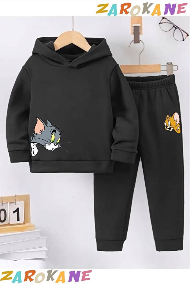 Cat-Mouse Printed Winter Children's Hooded Cotton Insulated Tracksuit Set (Bottom Tracksuit with Pockets)