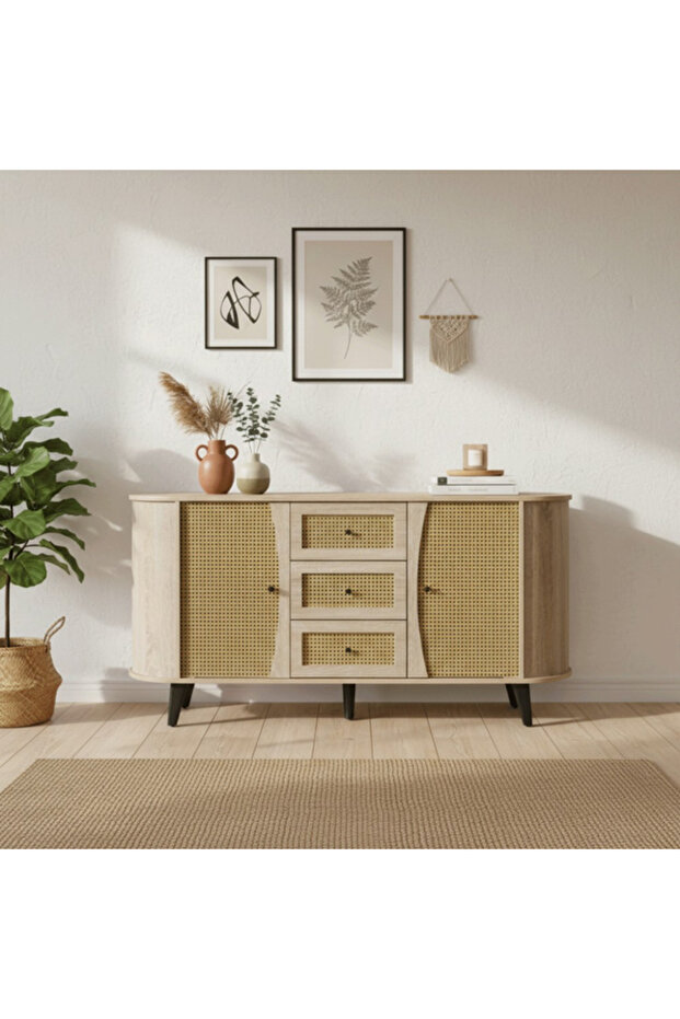 Modern Multi-Use Buffet with 3 Drawers and Side Cabinets