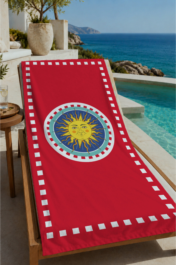 Red and White Retro Sun Emblem Patterned 70X150 Beach Towel - Digital Printed Bath Towel