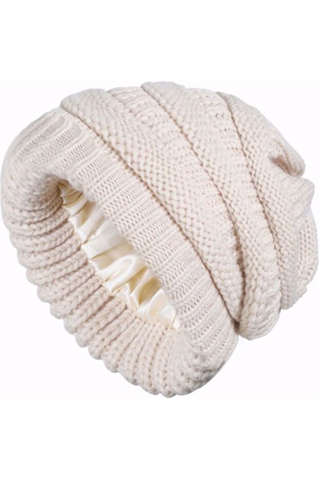 Women's winter hat dark grey 22x22cm knit ski satin lined.