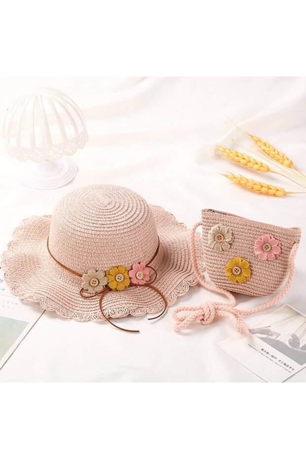 Children's sun protection straw hat set: beach + clutch bag - pink