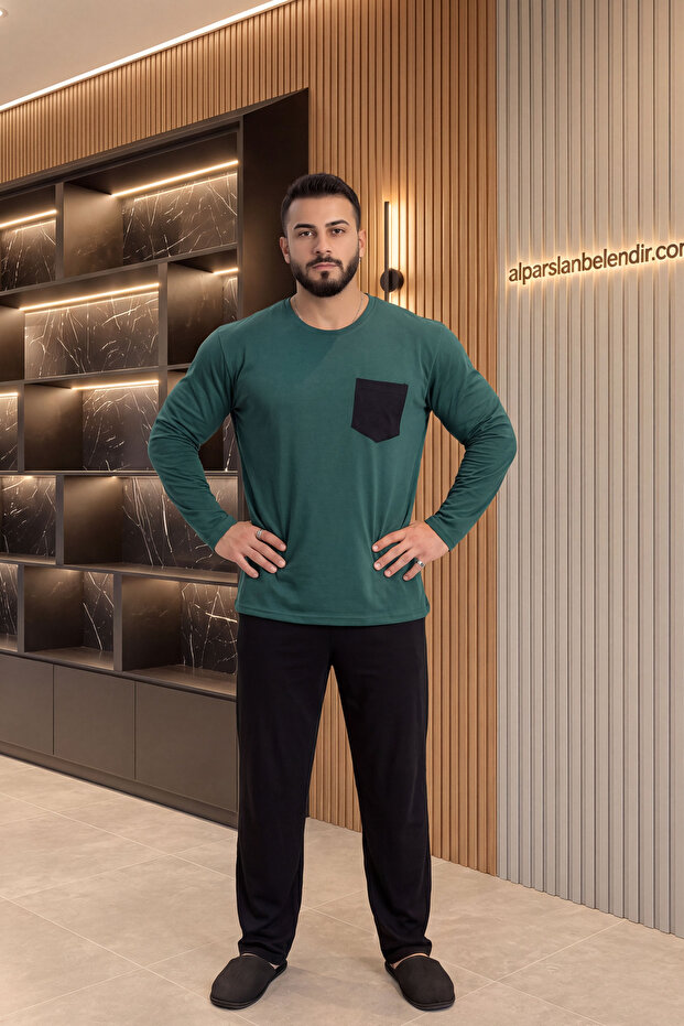 Cep Detail Single Jersey Men's Pajama Set Green