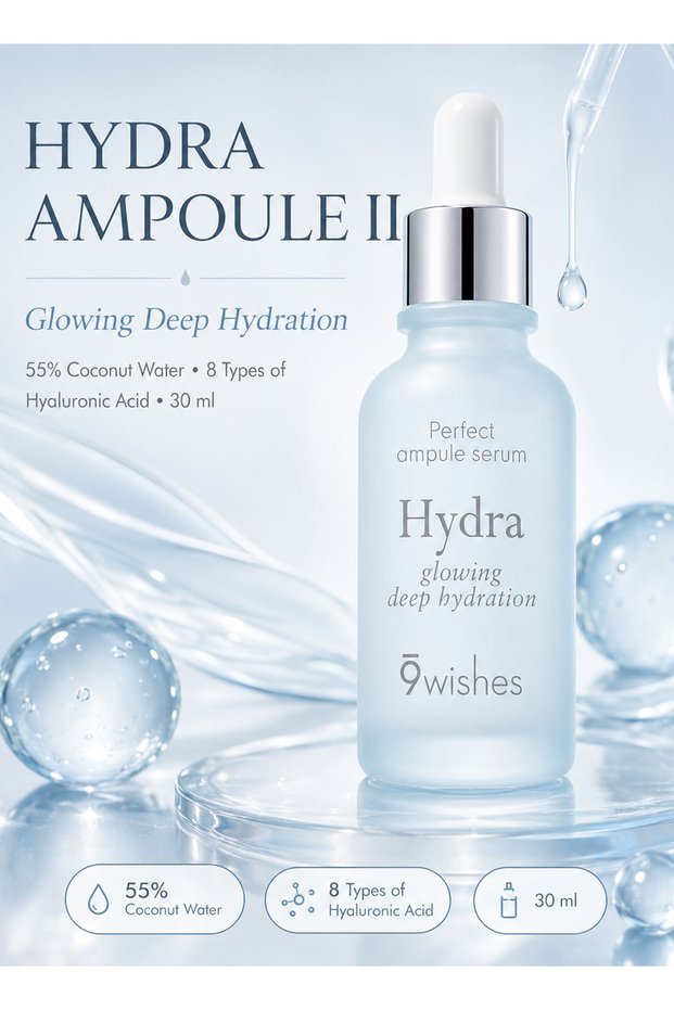 Hydra Ampoule II Hydrating Face Serum 30ml, 55% Coconut Water, 8 Types of Hyaluronic Acid, Probiotics & Aloe Vera, Lightweight Korean Skincare