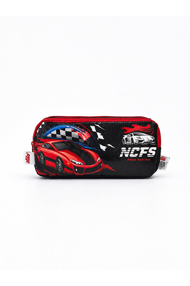 Car Patterned Zippered 2 Compartment Black Color Pen Holder