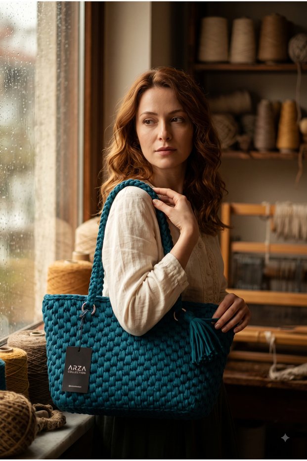 Arza Collection Hand Knitted Blue Combed Cotton Thread Bag - Tassel Detailed Shoulder Bag