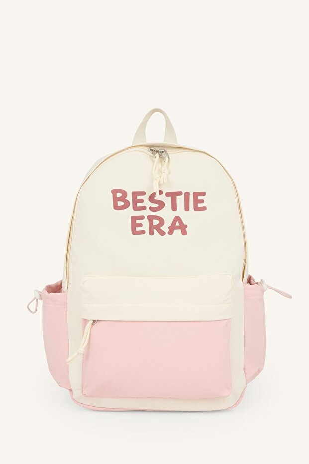Text Printed Multi-Pocket Backpack for Girls H9256A8Ns