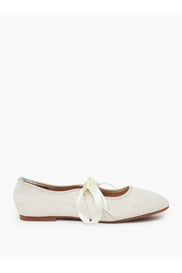 Beige Low Heel Ballet Flats with Ribbon Detail
