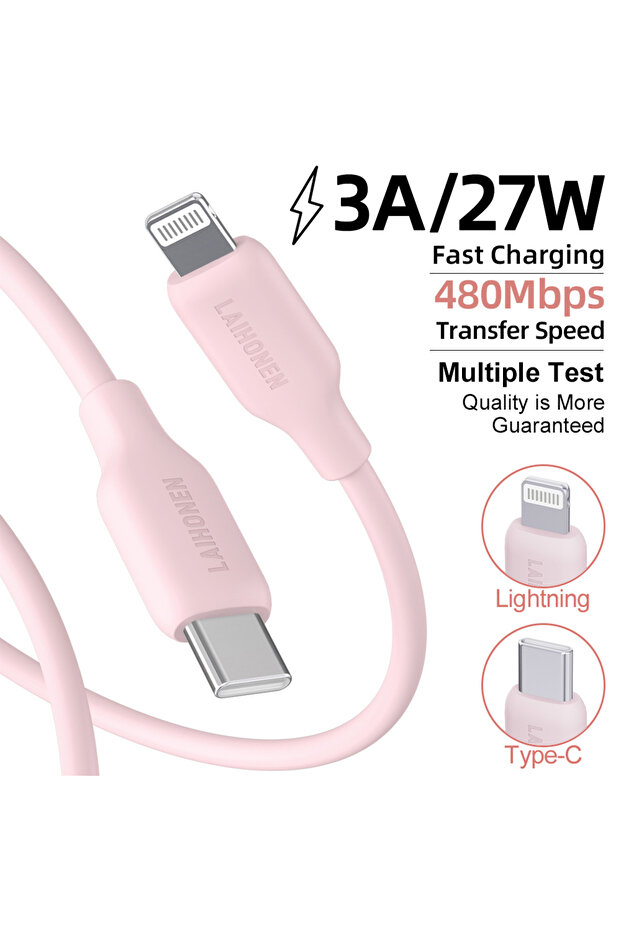2m 1pc pink LAIHONEN USB C to Lightning Fast Charging Cable, Flexible Silicone Durable, For iPhone 1