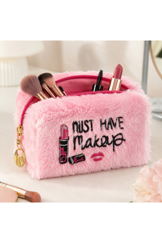 Plush Pen Holder and Makeup Bag Zippered Multi-Purpose Organizer Bag Pink