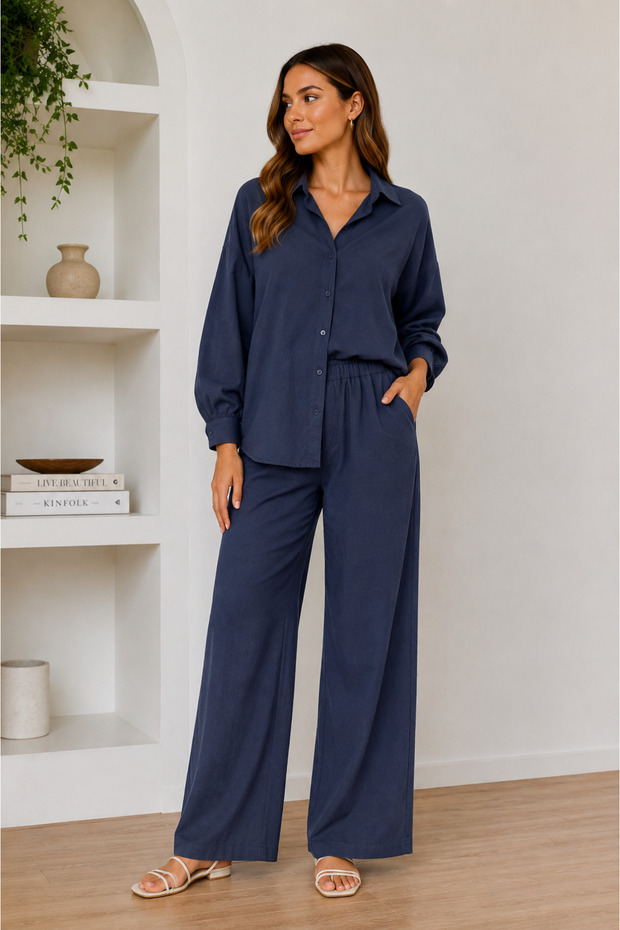 Women's Indigo Blue Suit Shirt with Elastic Waist and Wide Leg Pants Two-Piece Set