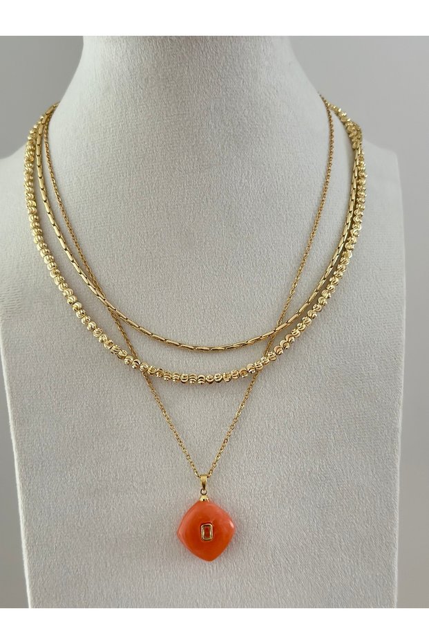 Steel triple necklace (doric necklace, straw necklace, jeweler necklace, agate stone necklace)