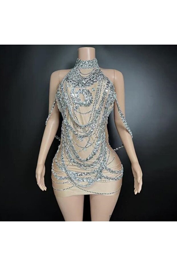 Dance Costume with Stones and Tassels for Women, Pul Embroidered Mini Dress