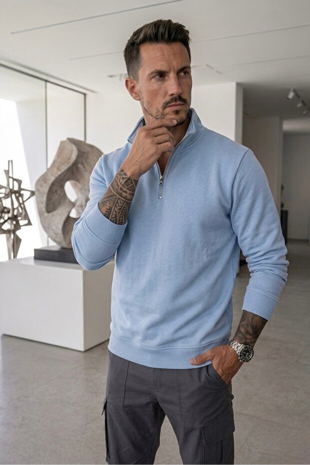 Men's Relax Fit Comfortable Cut Cotton Soft Textured 3 Thread Fleece Half Zipper Baby Blue Stand Collar Sweatshirt