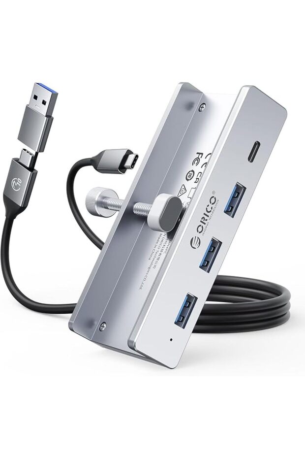 موزع USB 3.0 مع مشبك ومنفذ طاقة إضافي - محول ألومنيوم بـ 4 منافذ (3 منافذ USB-A، ومنفذ USB-C واحد)