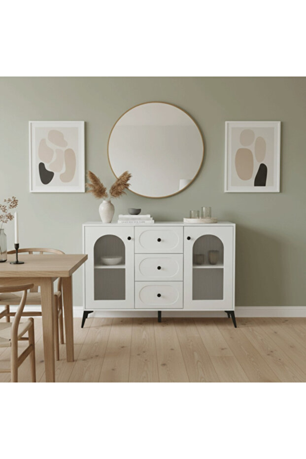 Modern White Console Buffet Table with Arched Glass Doors and Black Accents