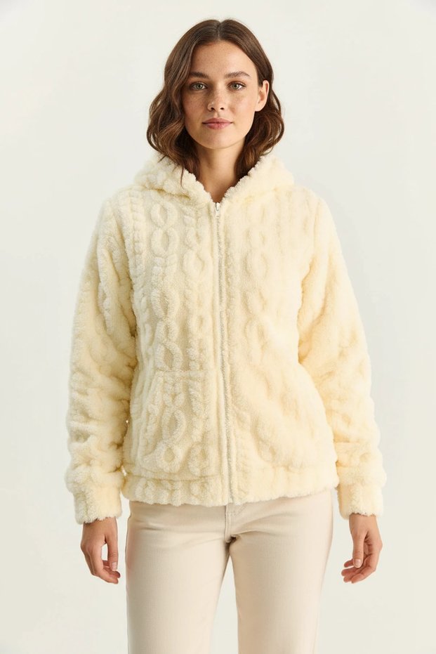 Women's Self-Patterned Pocket Detailed Zippered Hooded Plush Cream Cardigan