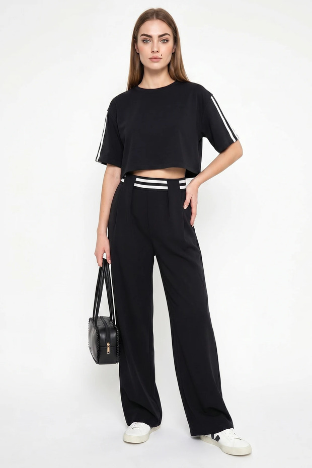 Women's Stripe Detailed Crop Blouse High Waist Modal Black Set