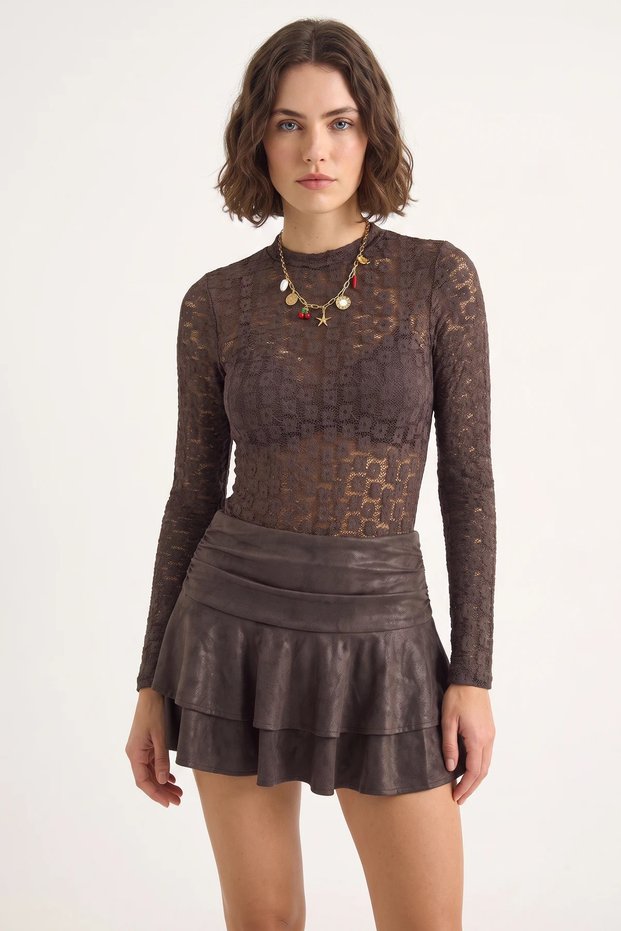 Women's Long Sleeve Half Turtleneck Transparent Tulle Lace Bodysuit Brown