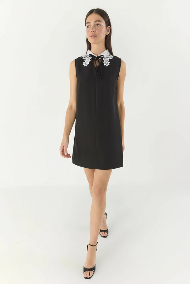 Women's Lace Collar Bow Detailed Mini Black Dress