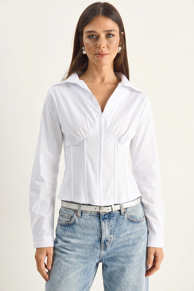 Women's Corset Detailed Back Tie Zippered White Shirt