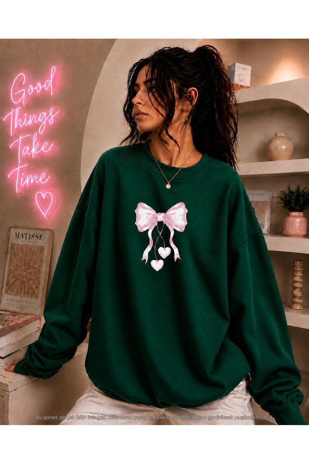 Women's Heart Pink Ribbon Printed Round Neck Long Sleeve Sweatshirt