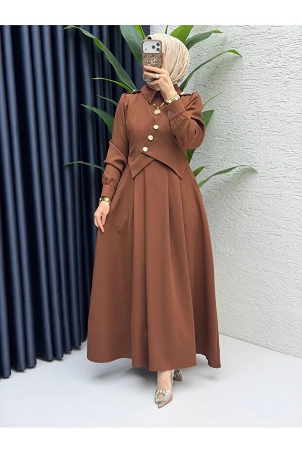 Women's Modest Double Crepe Fabric Brown Dress with Pockets