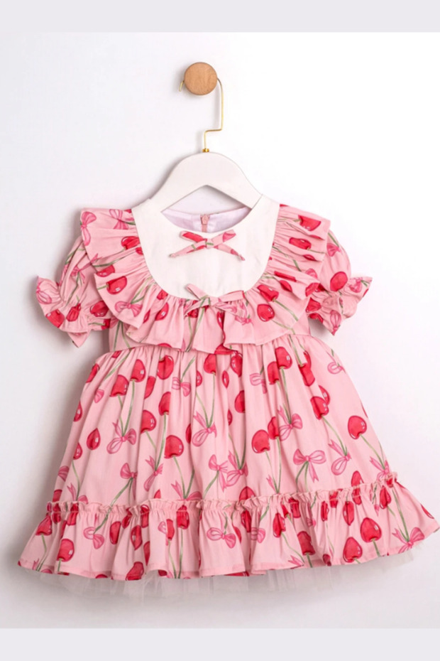 Girl's Cherry Patterned Ruffle Dress Pink